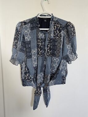 Navy and Light Blue Patchwork Tie-Front Blouse
